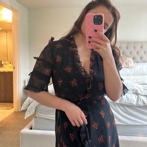 Zara beautiful black and florals wrap around tie dress